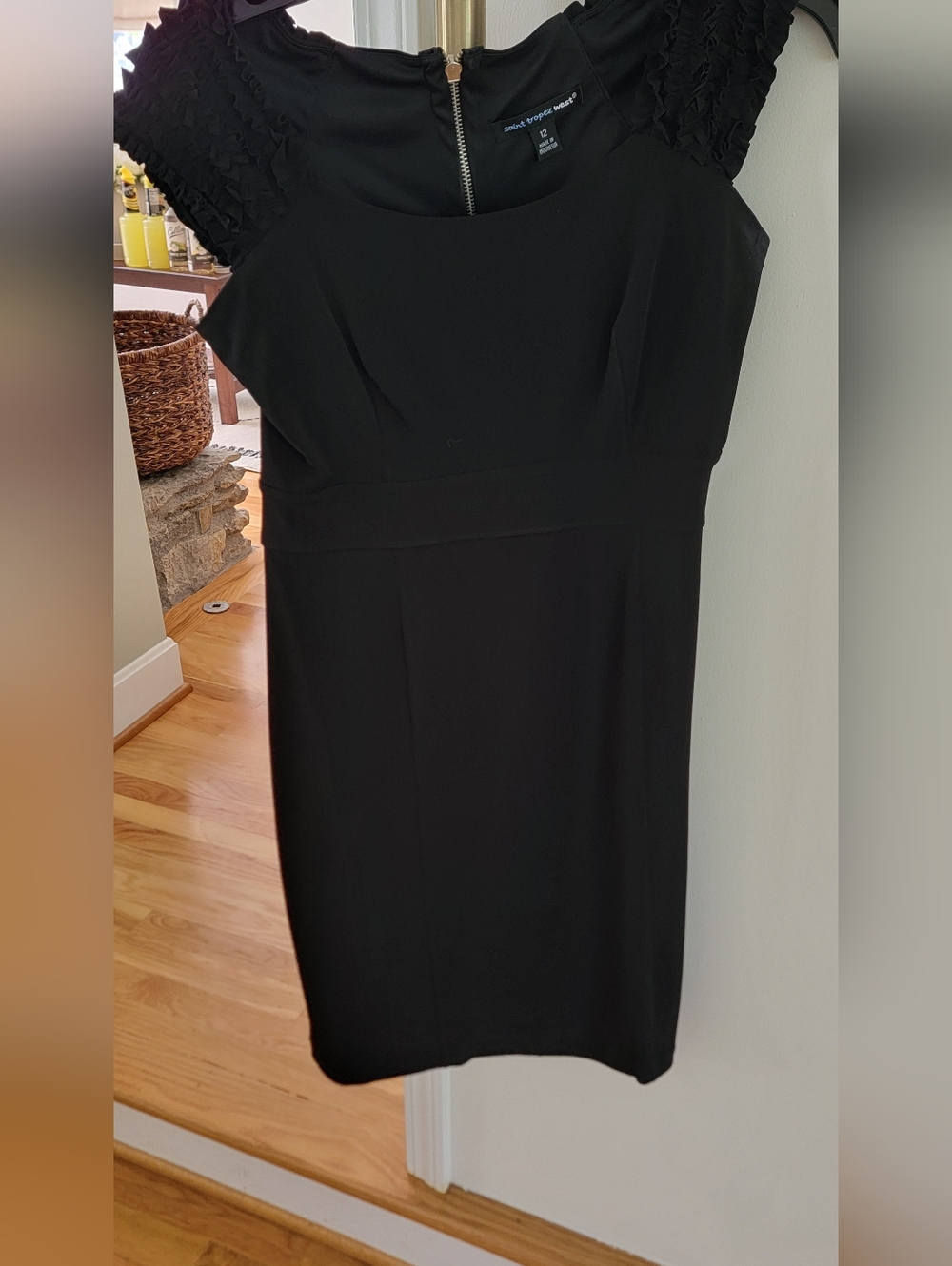 Black Midi Sheath Dress with Ruffled Cap Sleeves